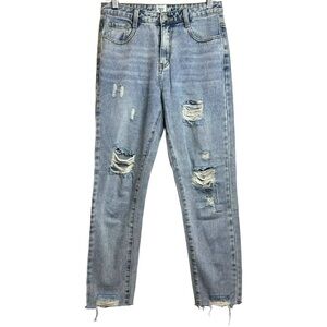 Princess Polly High Rise Tapered Leg Distressed Ripped Rigid 100% Cotton Jeans 2